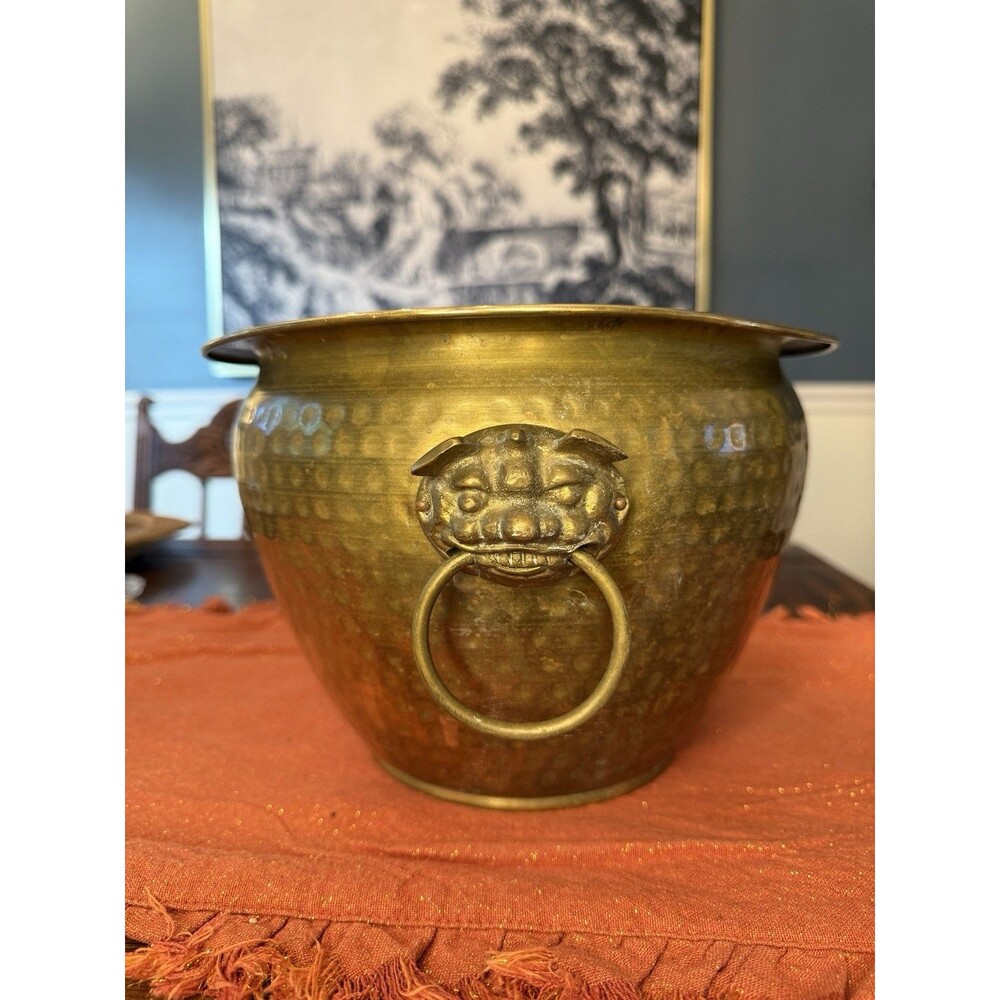 Vintage Hammered Brass Planter Jardinière – 10” Diameter Lion Head Ring Handles